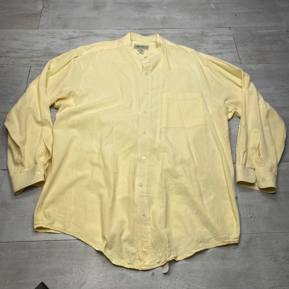 Vintage Eddie Bauer Grandfather Collar Shirt Mens Large Tall Yellow Oversized